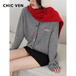 CHIC VEN 여성 카디건 루즈 캐주얼 뉴 라운드 넥 러브 버튼 개 자수 니트 스웨터 여성 탑 봄 가을 2025