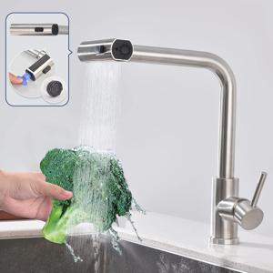 2025 새로운 총 회색 304 스테인레스 스틸 풀 아웃 6 기능 주방 싱크 수도꼭지 따뜻한 것과 차가운 회전 수도꼭지