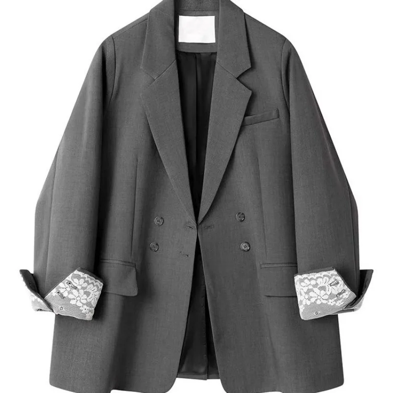 럭셔리 그레이 블랙 블레이저 브랜드 여성 블레이저 봄 가을 레이스 패치 워크 긴 소매 정장 디자인 Office 레이디 블레이저 코트 New