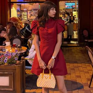 Talenza 럭셔리 이브닝 드레스 여름 핑크 스탠드 넥 높은 허리 버블 슬리브 a ​​라인 드레스 우아한 패치 워크 패션 여성 드레스