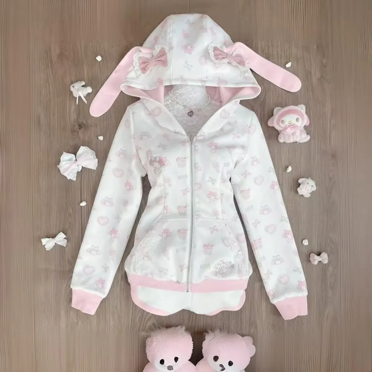 하라주쿠 일본 카와이 스웨터 만화 토끼 프린트 후드 Y2k 핑크 서브 컬쳐 보우 지퍼 업 후드 여성 슬림 애니메이션 후드