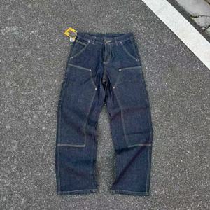 미국 레트로 남성 작업복 청바지 더블 니 로깅 라지 포켓 스트리트 스트레이트 스케이트보드 청바지 캐주얼 루즈핏 청바지