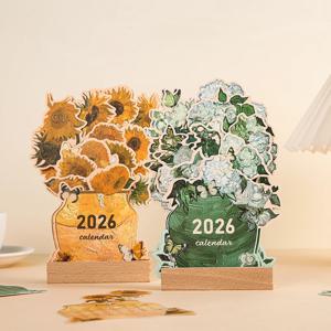 2026 카드 삽입 데스크 캘린더 나무 베이스가 있는 빈티지 페인팅 월간 플래너 월간 일정 주최자용 데스크탑 장식