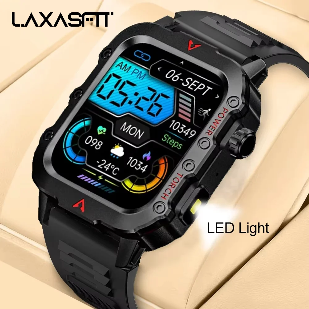 LAXASFIT 새로운 남성용 스마트 시계 LED 손전등 야외 스포츠 스마트 시계 손목 시계 건강 모니터링 스마트 시계