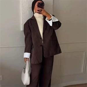 여성 정장 - 블로거 스타일 브라운 스트라이프 루즈핏 투버튼 다용도 블레이저 봄 가을 패션 여성복