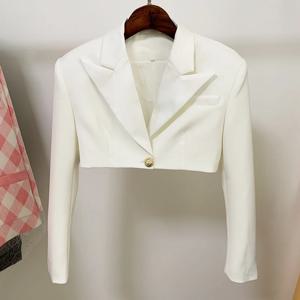 하이 스트리트 최신 2025 디자이너 블레이저 여성용 새틴 칼라 싱글 버튼 크롭 블레이저 재킷