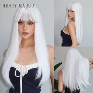 HENRY MARGU 여성용 흰색 긴 직선 합성 가발 다채로운 코스프레 파티 가짜 머리 앞머리 흰색 가발 고온