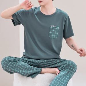 여름 우아한 남성 잠옷 니트 격자 무늬 잠옷 세트 긴 바지 잠옷 잠옷 나이트 정장 Pijamas 플러스 사이즈 5XL Homewear PJ