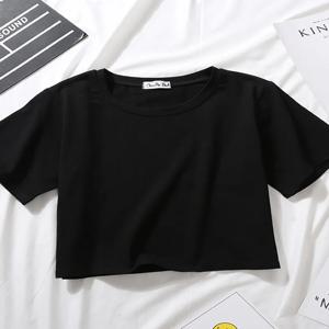 여름 짧은 소매 티셔츠 여성 코튼 솔리드 티셔츠 O 넥 하이 웨스트 자르기 탑 티 여성 캐주얼 루즈 티셔츠