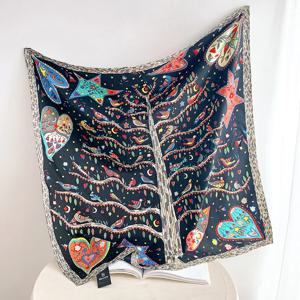 럭셔리 러브 트리 프린트 디자이너 90 스퀘어 스카프 능 직물 실크 여성 머리 숄 랩 넥 스카프 Hijab Bandana Pashmina Handband