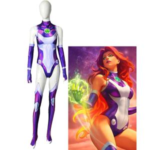 애니메이션 Starfire 슈퍼 히어로 점프 슈트 Zentai Bodysuit 할로윈 코스프레 의상 섹시한 여성 카니발 파티 의상