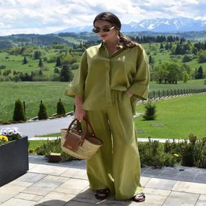 2024년 여성용 솔리드 팬츠 세트 캐주얼 블라우스 긴팔 셔츠 밴딩 팬츠 여성 패션 스트리트웨어 의상