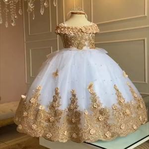 아기 꽃 파는 소녀 드레스 오프 숄더 진주 골드 아플리케 오프 레이스 나비 꽃 공주 드레스 유아 첫 번째 생일