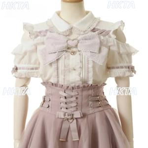 일본 Liz Mine 여성 셔츠 여름 오프 숄더 빅 보우 반소매 탑 귀여운 소녀 블라우스하이 웨스트 스커트 2 피스 스커트 세트