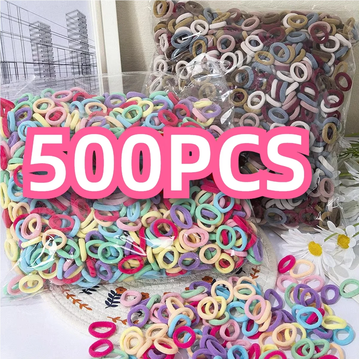 100/300/500 pcs 소녀 다채로운 탄성 헤어 밴드 포니 테일 잡아 헤어 타이 고무 밴드 Scrunchie 헤어 액세서리 밴드 소녀를위한
