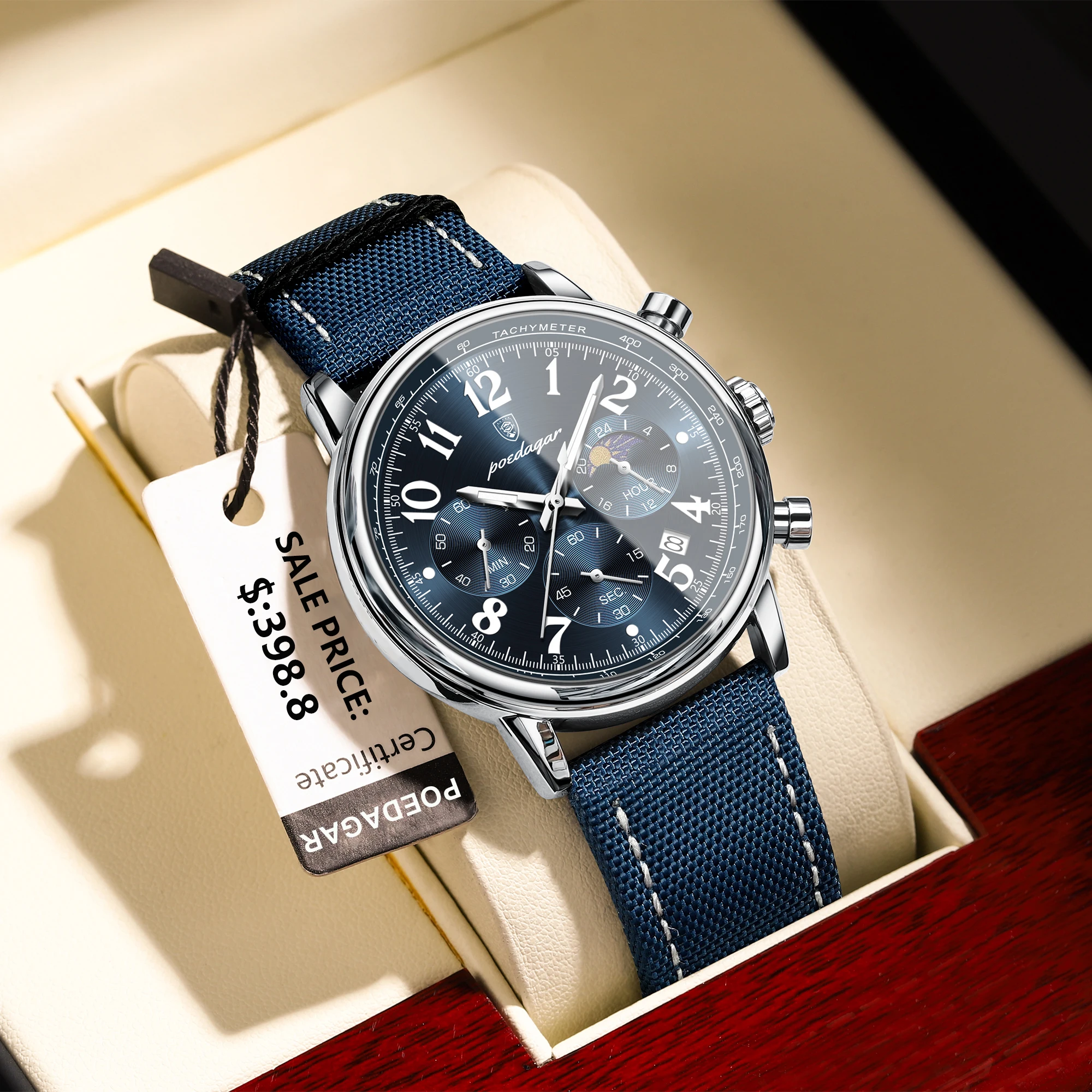 POEDAGAR 럭셔리 스포츠 밀리터리 남성 시계 방수 축광 크로노 그래프 나일론 가죽 날짜 남자 손목 시계 석영 남성용 시계