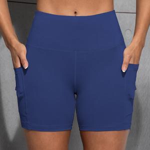 여성 솔리드 컬러 반바지 포켓 하이 웨이스트 엉덩이 리프팅 사이클링 반바지 탄성 슬림 피트니스 스타킹 캐주얼웨어