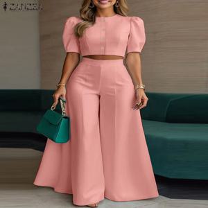 ZANZEA 스트리트 패션 여성 2 조각 세트 세련된 짧은 퍼프 슬리브 자르기 탑 넓은 다리 바지 2PCS 복장 우아한 사무실 바지 세트