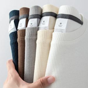 남녀공용 와플 반팔 티셔츠 여름 일본풍 라운드넥 반소매 루즈핏 캐주얼 무지 티셔츠