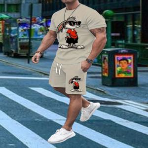 새로운 3D 만화 토끼 인쇄 남자 2 피스 티셔츠 반바지 세트 여름 캐주얼 매일 짧은 소매 탑 야외 거리 스포츠 반바지