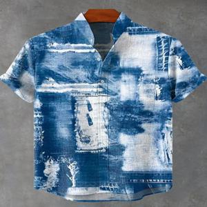 남성 셔츠 편안한 반팔 리넨 100% 남성 셔츠 우아한 기하학 스트라이프 패턴 캐주얼 패셔너블 셔츠