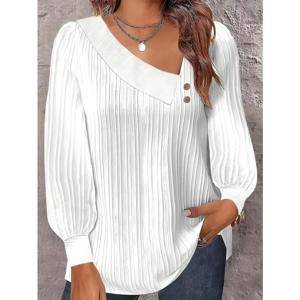 플러스 사이즈 1XL-5XL 사이즈 여성 셔츠 솔리드 컬러 대각선 칼라 긴 소매 버튼 업 셔츠 캐주얼 홀리데이 파티 셔츠