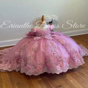 꽃잎 장식과 레이스 아플리케가 있는 풍성하고 반짝이는 튤 소재의 키즈 생일 파티, 첫 영성체, 웨딩용 플라워 걸 드레스 (맞춤 제작 가능)