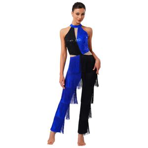 Womens Elegant 70s 디스코 점프 슈트 가슴 반짝 이는 스팽글 프린지 롱 팬츠 라틴 댄스 공연을위한 대비 컬러 바디 슈트