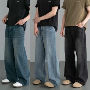 봄 가을 남성용 새 데님 팬츠 올드 블루 워싱 캐주얼 청바지 남성복 루즈핏 신상 패션 배색 와이드 레그 트라우저