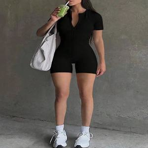 봄 여성 점프 슈트 새로운 streetwear 패션 짧은 소매 지퍼 점프 슈트 블랙 섹시 레이디 v 넥 속이 빈 백 레스 rompers