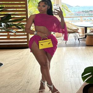 이상한 고양이 Y2K 섹시 투피스 세트 여성 시스루 미드나잇 불규칙 긴팔 크롭탑+러칭 스플릿 스커트 매칭 클럽웨어