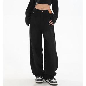 여성 클래식 레트로 하이웨이스트 배기 진 여성 한국 데일리 스트레이트 레그 데님 트라우저 소녀 편안한 롱 팬츠