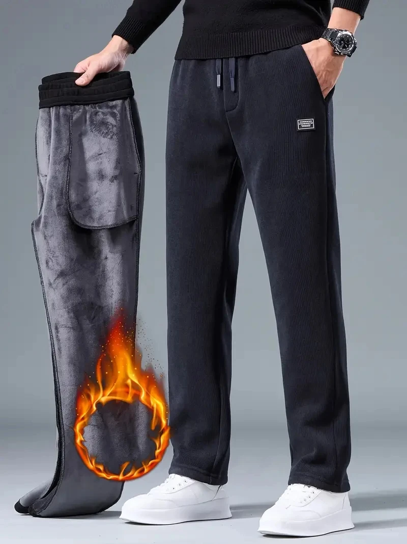 2025 겨울 코듀로이 스웨트팬츠 남성 드로스트링 플리스 안감 두꺼운 따뜻한 와이드 레그 스트레이트 캐주얼 팬츠 남성 루즈핏 트라우저