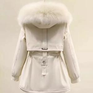 여성용 겨울 따뜻한 후드 다운 재킷 코트 스트리트 스타일 루즈핏 니트 코튼 아우터웨어 중간 길이 소매 롱