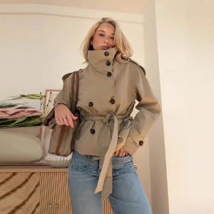 2025년 신상 가을 여성 시크 스탠드 칼라 더블 브레스티드 벨티드 크롭 트렌치코트 캐주얼 스트리트 아우터웨어