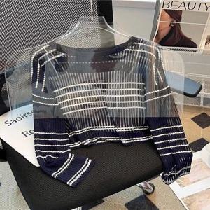 2025년 봄 여성용 아이스 실크 니트 탑 얇은 자외선 차단 스트라이프 디자인 비즈니스 스타일 패션 액세서리 포켓 손수건