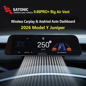 SATONIC 9.66'' 모델 3 카플레이 대시보드 스크린 테슬라 2026 모델 Y 주니퍼 무선 카플레이 및 안드로이드 오토 기어시프트 지원