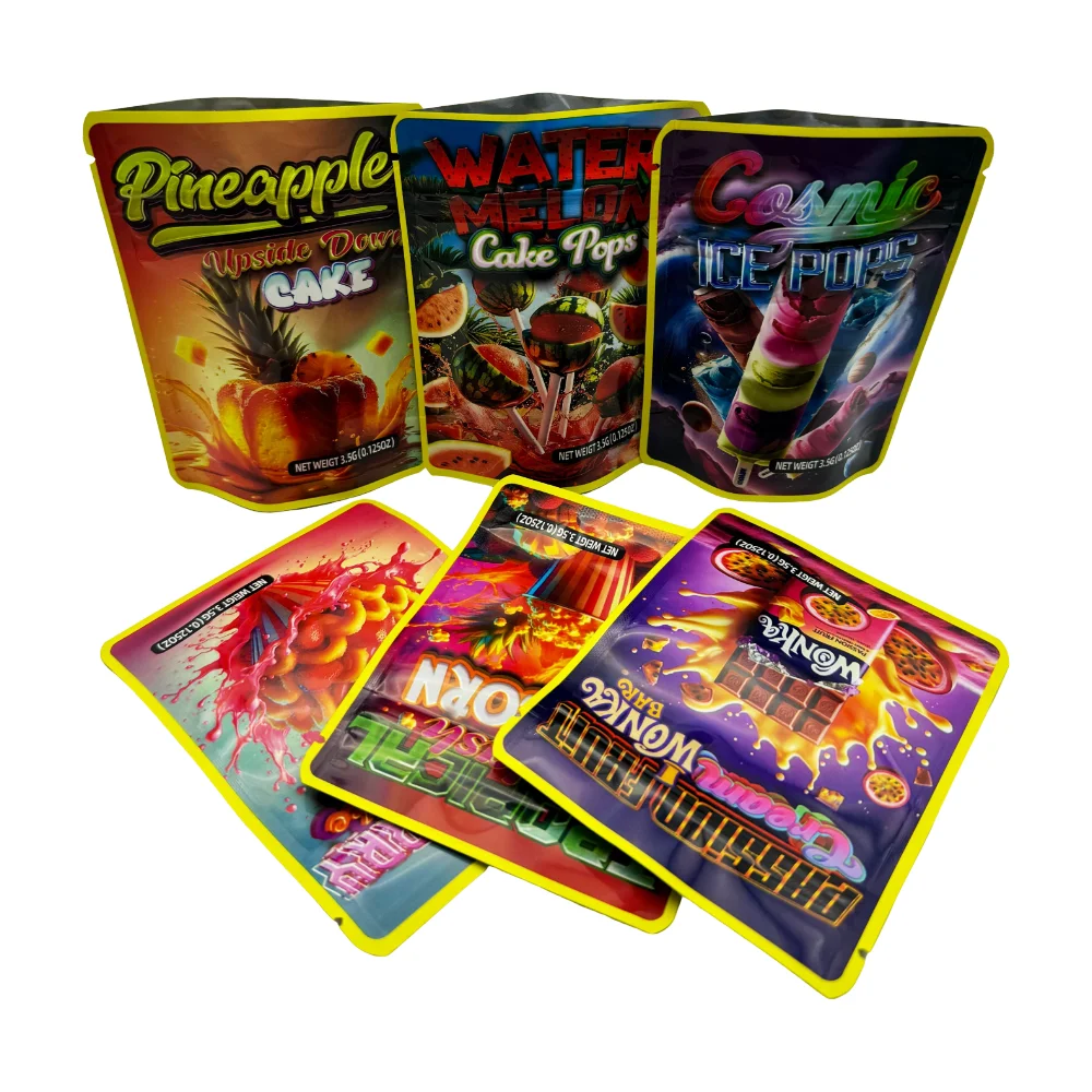 50개 빈 종이 상자와 마일라 백 3.5그램 포장 상자 재밀봉 가능한 지퍼 잠금 파우치 딸기 수박 플라스틱 케이스