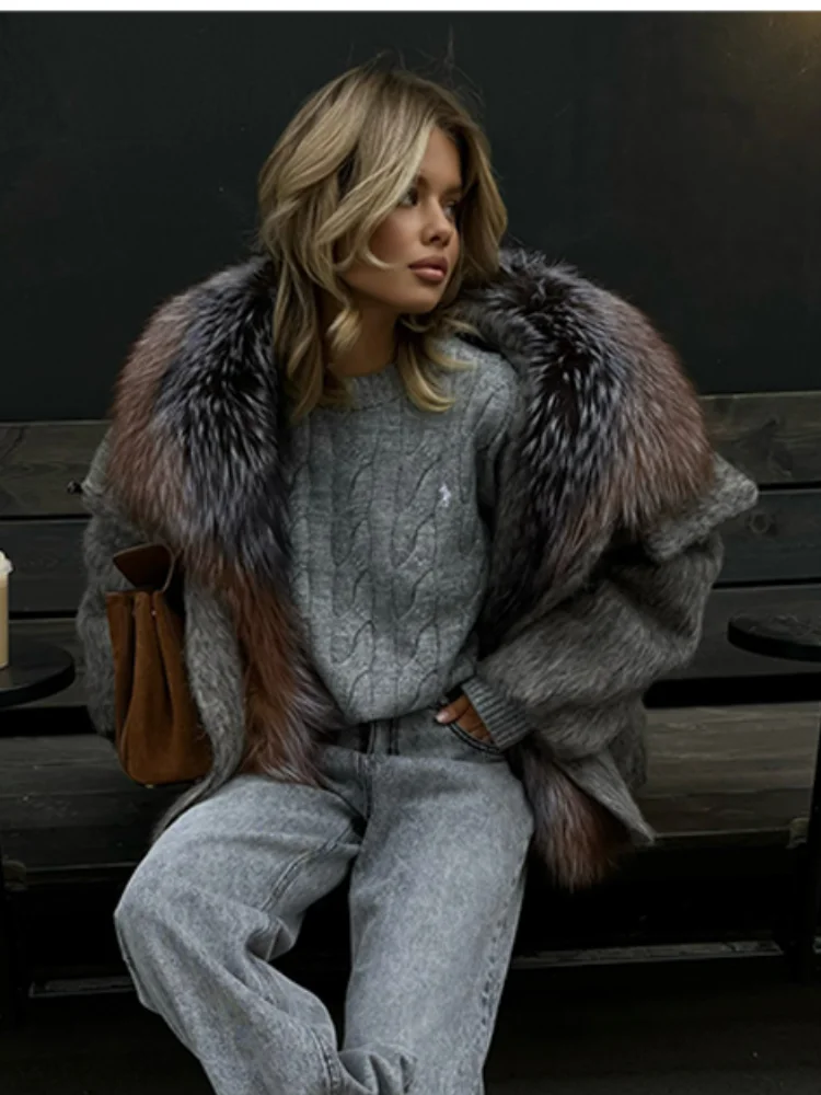 럭셔리 엘레강트 인조 모피 칼라 재킷 여성용 울 혼방 포켓 퍼리 코트 2025 신상 여성 가을 겨울 패션 스트리트웨어