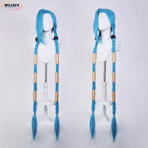 고품질 LOL Jinx 코스프레 가발 긴 땋은 파란색 느슨한 대포 가발 브레이드 내열성 합성 머리 애니메이션 가발 + WigCap