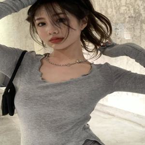 긴 소매 티셔츠 여성 곰팡이 라인 불규칙한 밑단 니트 슬림 가을 Bottoming 티셔츠 세련된 패션 섹시한 솔리드 Ulzzang New