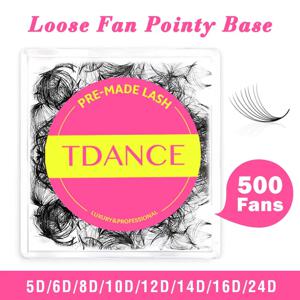 TDANCE 500 팬 루즈 팬 속눈썹 속눈썹 연장 5D 6D 8D 10D 뾰족한 베이스 미리 만들어진 중간 줄기 날카로운 얇은 러시안 볼륨래쉬