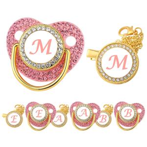 아기를위한 새로운 신생아 젖꼭지 핑크 라인 석 맞춤형 젖꼭지 클립 뚜껑 세트 26 이름 이니셜 유아 젖꼭지 Teether 선물