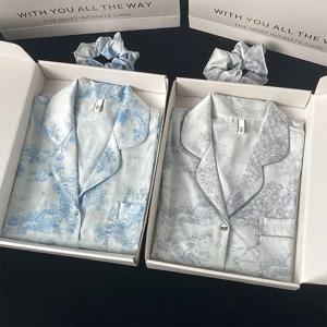 가을 겨울 새로운 얼음 실크 여성 가정 의류 옷깃 단추 카디건 2 조각 복장 세트 여성 수석 인쇄 잠옷 여성을위한