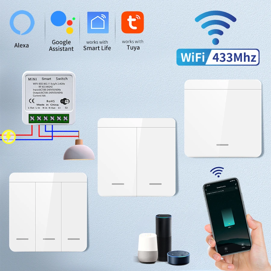 조명용 Tuya 스마트 WiFi 스위치 RF 433MHz 무선 스위치 스마트 라이프 APP 음성 제어 Alexa Google Home Alice와 함께 작동