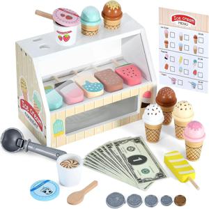 유아 장난감을위한 나무 아이스크림 카운터 Playset, 몬테소리 척 놀이 음식 장난감 주방 액세서리