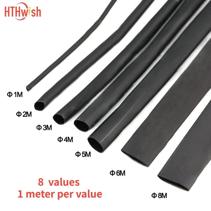 2:1 블랙 열 수축 포장 튜브, 케이블 DIY 커넥터 와이어 키트용 열 수축, 8 미터/세트, 1mm, 2mm, 3mm, 4mm, 5mm, 6mm, 8mm, 10mm