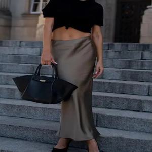 HH 2024 Y2K 캐주얼 여성 롱 스커트 봄 신축성 높은 허리 라인 A라인 캐주얼 여성 새틴 스커트 하이 스트리트 여성 스커트