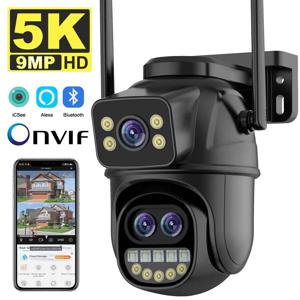 9MP 5K HD WiFi IP 카메라 야외 8x 줌 3 렌즈 듀얼 스크린 PTZ 카메라 자동 추적 홈 보안 CCTV 감시 4MP 캠