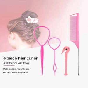 4pcs 프랑스어 뜨개질 도구 강철 바늘 마우스 꼬리 빗 생성기 헤어 스타일링을위한 탄성 머리띠 실제 머리 가발에 대한 특별